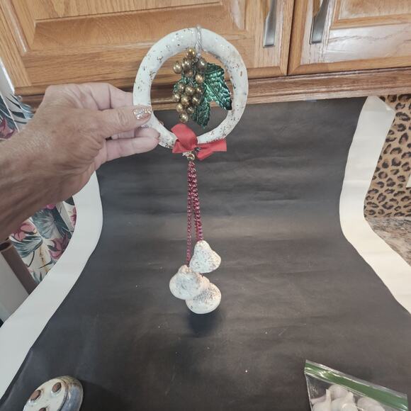 Vintage Paper Mache Glitter CHRISTMAS BELLS 17" Mercury Glass Beads Wreath Garla - Picture 7 of 10